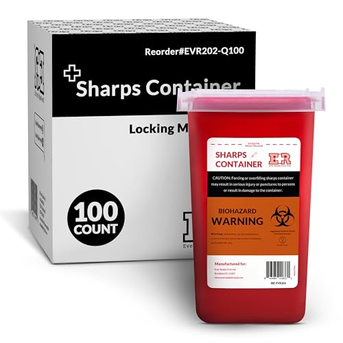 Sharps disposal container with split lid and locking mechanism