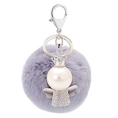 Preisvergleich Produktbild Jingyuu Schlüsselanhänger für Damen, Bommel, Schlüsselanhänger, Engel, Rex, Hase, Dekoration, Anhänger für Auto / Telefon / Rucksack / Umhängetasche / Handtasche / Auto / Schlüsselanhänger 14x8cm grau