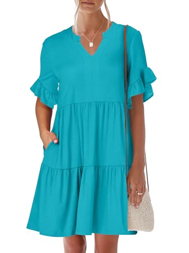 Image of ANRABESS Women's Summer Casual Dress, V-Neck Ruffle Sleeve Tiered Mini Dress, Soft Comfy Fabric with Pockets for All-Day Wear