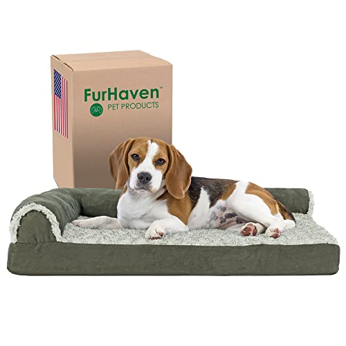 Image of Furhaven Cooling Gel Dog Bed for Medium /Small Dogs w / Removable Bolsters & Washable Cover, For Dogs Up to 35 lbs - Two-Tone Plush Faux Fur & Suede L Shaped Chaise - Dark Sage, Medium