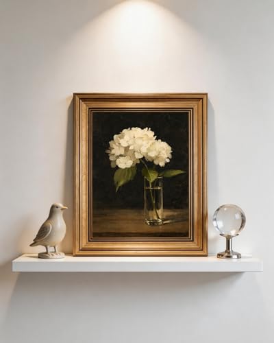 Image of HUARCEY Gold Framed Vintage Wall Art for Living Room, Flowers Painting Prints Shelf Decor for Kitchen, Aesthetic Bedroom Wall Art, Best Gifts for Friends or Family - White Hydrangea 10L x 8W