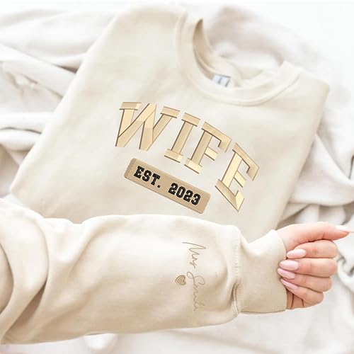 Custom Embroidered Wife & Husband EST 2023 Sweatshirt Hoodie, Embroidered Custom Name On Sleeve With Initial Hearts, Perfect Couple Gift2