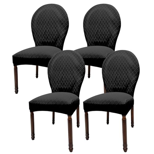 HYJAOAON Large Round Back Chair Covers Set of 4-6, Stretch Curved Back Dining Chair Slipcovers Jacquard Mid Century Modern Chair Seat Protectors for Kitchen, Restraunt, Banquet (Black, Set of 4)