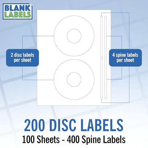 Image of CD /DVD Label Full Face | Qty 200 Disc, 400 Spine | 100 Sheets Total | Permanent White Matte | Inkjet & Laser Printer Compatible | Customizable Printable Blank Labels | Blank Label