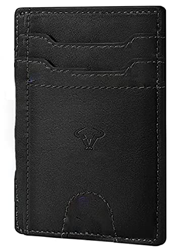 Image of Contacts Genuine Leather Slim Wallet | RFID Blocking Skinny Minimal Thin Front Pocket Wallet Sleeve Card Holder for Men | Up to 7 Card Slots Including 1 ID Window (Black)