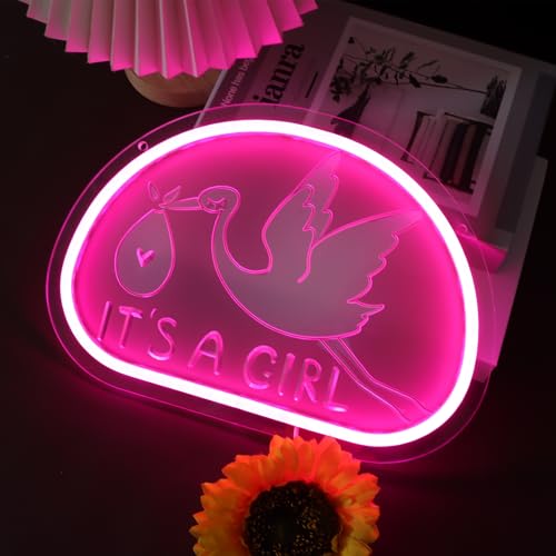 Image of It's a Girl Neon Sign Light for Wall Decor, Storks Deliver Baby Myth Dimmable Led Light Signs Neon Light for Baby Girls Bedroom Children's Room Decor Gender Reveal Party Gifts(Pink)