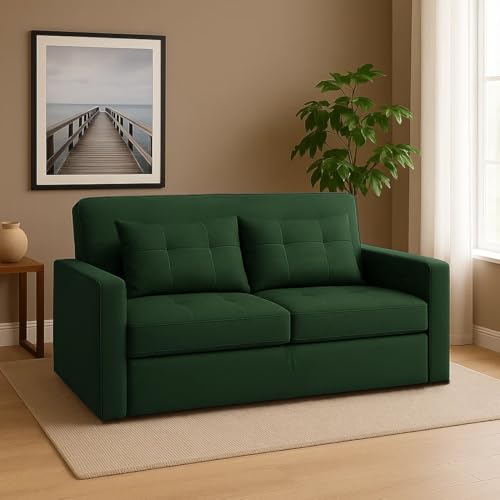 Image of CASASTYLE Trissa 2 Seater Pull-Out Premium Fabric Sofa Cum Bed Sofa Set for Living Room (Green Fabric)