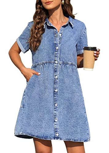 KDF Denim Dress for Women with Pockets Short Sleeve Babydoll Denim Shirt Dresses for Women 2025 Light Blue Size Small