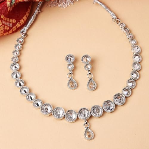 Oxidised Silver-Plated Round American Diamond Studded Necklace Set