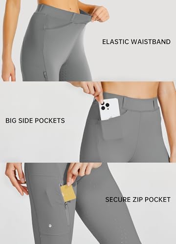 Miniatura 4 de Willit Mallas De Equitación Para Mujer Reithose Con Ribete Completo De Silicona De Cintura Alta Elástica Reithose Con Bolsillo Con Cremallera Y Presillas Para Cinturón, Gris Medio, Xs