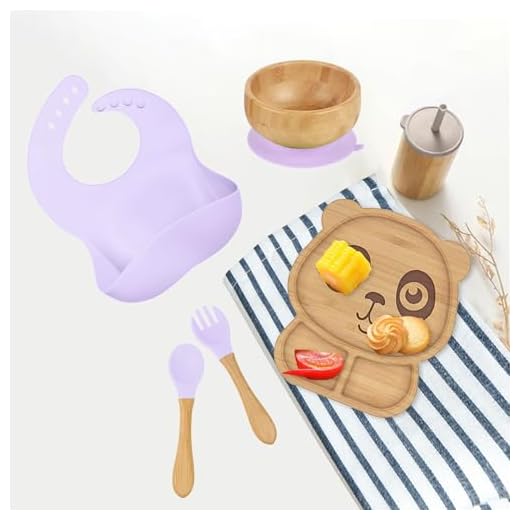 Kids Station 10 Piece Bamboo Feeding Set for Baby - Panda Plate, Spoon, Fork, 2 Suction Rings, Bowl, Baby Bib, Sipper with Straw and Cap - Baby-Led Weaning Supplies for Toddler Self-Feeding (Purple)