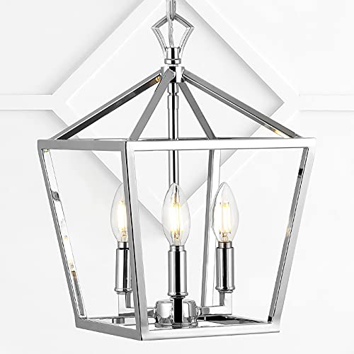 Image of JONATHAN Y Ojai Pagoda Pendant Lantern 10 inch, Chrome | 3-Light, Metal Frame Construction, LED Bulbs Included, Adjustable Chain, Classic Farmhouse Chandelier, Entry Foyer Decor