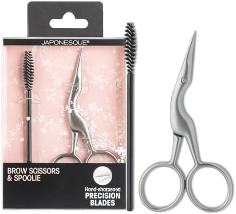 JAPONESQUE Brow Scissors and Spoolie, Stainless Steel Scissors for Brow Grooming and Trimming, Brush Tool for Brow Shaping
