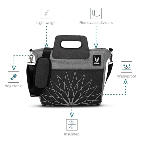 Image of VAYA Insulated Lunch Bag, Waterproof and with Cutlery Pouch, Multipurpose & Easy-to-Carry Lightweight Tote with Zip and Handle, Sling Bag with Adjustable Detachable Nylon Strap, Pepper-Grey