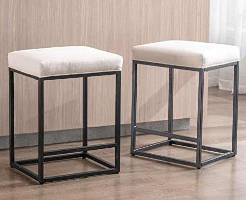 Vescasa Linen 24 Inch Counter Height Bar Stools With Footrest, Modern Mid Century Backless 2.75" T Upholstered Kitchen Bar Stools With Black Metal Frame Set Of 2, Cream #TOP6