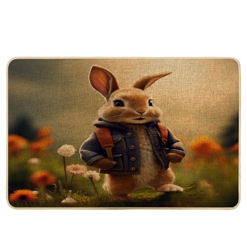 Zerbino pasquale 3D coniglietto floreale erba divertente carino primavera natura verde e marrone gomma assorbente antiscivolo cattura sporco lavabile porta d'ingresso interno esterno cucina campeggio