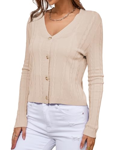 Image of VERABENDI Womens Sweaters Cable Knit Open Front Buttons V Neck Lightweight Cropped Cardigan for Women