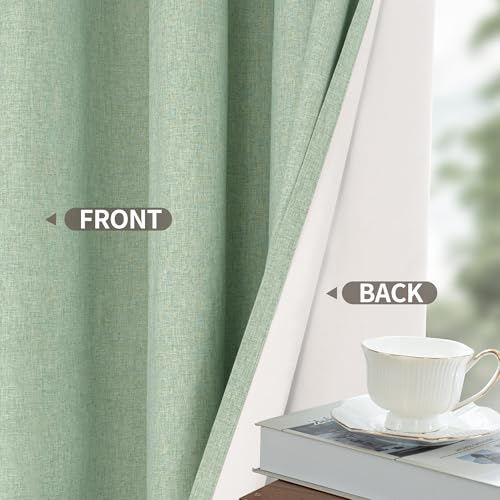 Image of YoungsTex Light Green Linen 100% Blackout Curtains 63 Inch Length for Bedroom /Living Room - Grommet Thermal Insulated Drapes Full Room Darkening with White Liner, 2 Panels, 42 X 63 Inch
