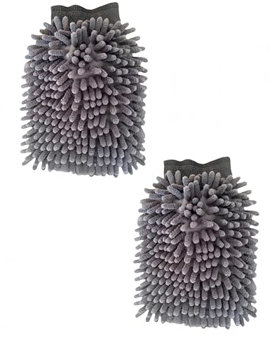 Pavnso 2-Pack Cleaning Mitts, Dusting Gloves Microfiber Washing Mitts, Polish Mitts for House and Car（Grey