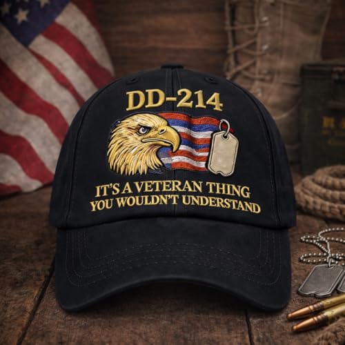 DD-214 Veteran Embroidered Hat for Men Military Baseball Cap Veteran Pride Gift (Black)