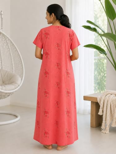 Image of 9shines Label Stylish Cotton Blend Embroidered Maxi Nightdress for Women with Pocket| Full Length Nightwear| Premium Nightdress| Comfortable Nightwear(5256)