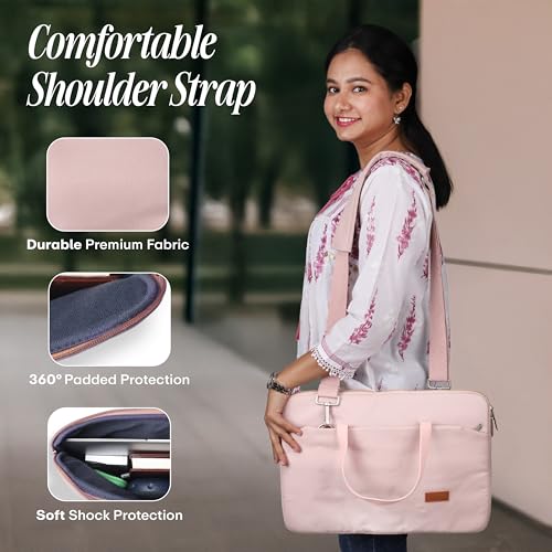 Image of Protecta Grace Office Laptop Messenger Bag for Men and Women Canvas Look Laptop Briefcase Water Repellent Padded Laptop Messenger Sleeve Bag 15.6 Inch Ideal for Office & Work in Color Pink