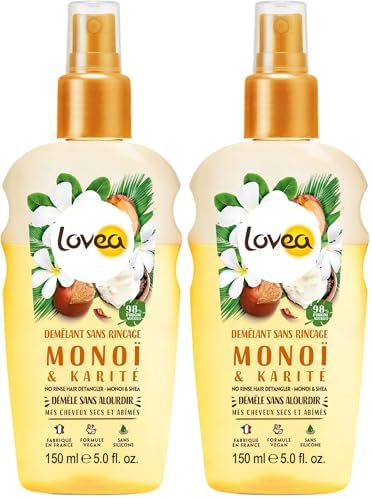 LOVEA - Démêlant Sans Rinçage - Monoï Et Karité - Démêle Sans Alourdir - Cheveux Secs & Abîmés - 98% D'Origine Naturelle - Sans Silicone - Vegan - Fabriqué En France - 150 ml (Lot de 2)
