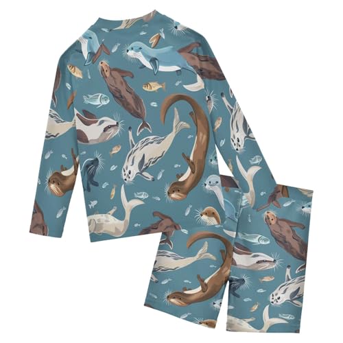 Otter and Fishes Boys Swimsuit Rash Guard Toddler Kids Long Sleeve Swim Shirt and Trunks Swimwear Set 3-10Y2