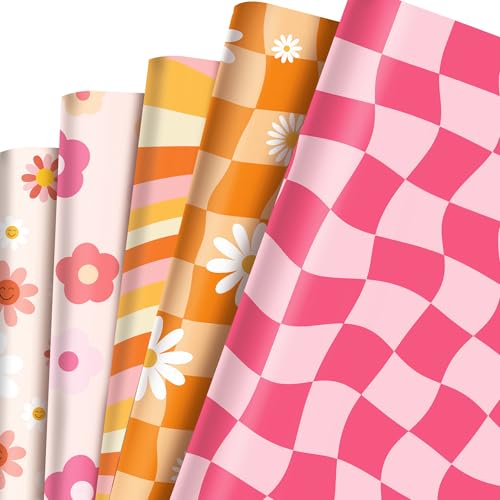 12 Sheet Boho Wrapping Paper Retro Groovy Daisy Wrapping Paper 6 Styles Smiley Face Floral Daisy Checkered Pattern Gift Wrap Papers Folded Flat for Baby Shower Birthday Wedding DIY Gift Packing 20 x 27
