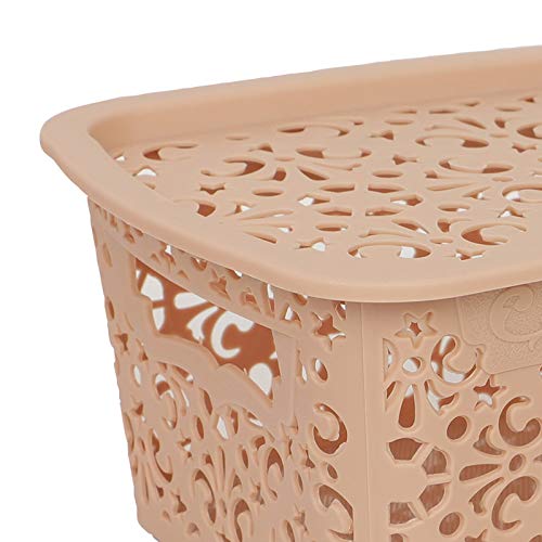 Image of Cutting Edge Essentials Plastic Storage Baskets /Shelf /Turkish Rack with Lid - Set of 2 for Fruit Vegetable Bathroom Stationary Home Basket with Handle (Beige, Small)