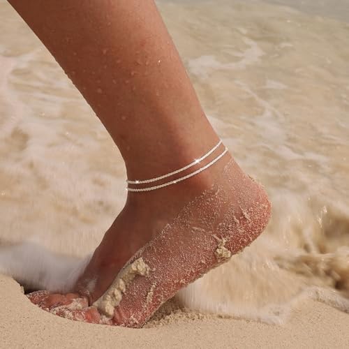 Moodear Women's Sterling Silver Waterproof Layered Ankle Bracelets - Glitter Beach Anklet Set for Summer Style - Image 5