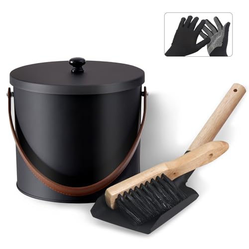 BRIAN & DANY Mini Ash Bucket with Lid and Shovel, 1.2 Gallon Fireplace Bucket with Broom, Perfect for Fireplaces, Wood Stoves