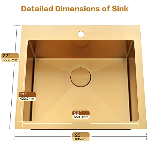 Image of Gold Drop In Kitchen Sink 25 inch X 22 inch, 25 Inch Top Mount 16 Guage T-304S Stainless Steel Kitchen Sinks, 10 Inch Deep Single Bowl laundry Sink with Accessories