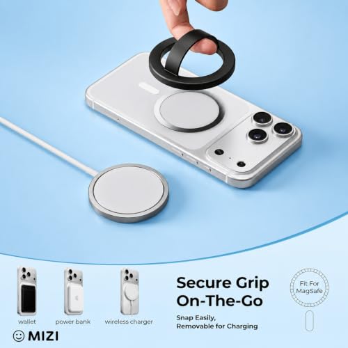 Image of Mizi Magnetic Phone Grip Holder for Mag Safe, Thin Silicone Finger Loop Ring Compatible with iPhone 18 /17 /16 /15 /14 /13 /12 & Mag Safe Cases - Black