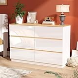 VINGLI White Dresser High Gloss Chest of Drawers, 6 Drawer Dresser for Bedroom, Modern Dressers Wood, Brown Top, 47.2' W x 15.75' D x 31.5' H