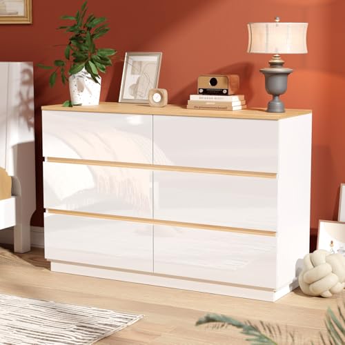 VINGLI White Dresser High Gloss Chest of Drawers, 6 Drawer Dresser for Bedroom, Modern Dressers Wood, Brown Top, 47.2