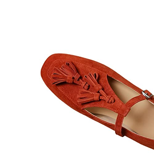 TinaCus Genuine Leather Women's Handmade Genuine Leather Fringe T-Strap Square Toe Flats Shoes2