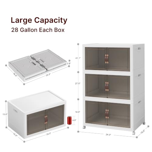 Image of Stackable Storage Bins with Lids, 330QT Lockable Storage Cabinet | Closet Organizers, Foldable Storage Box with Doors and Wheels, Plastic Drawers for Home, Garage, Office (3, White, Plus)