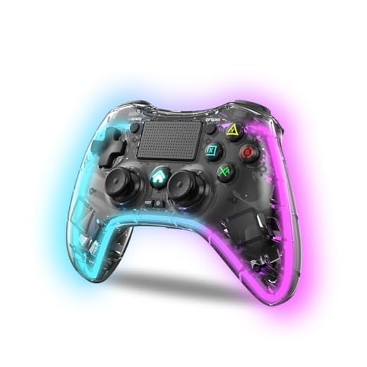 NK Manette pour PS4 / PC/Android - Manette sans fil avec 2-Shock, 6 axes, 2 boutons MACRO, 7 Modes de Lumière LED, Pavé Tactile, Prise Casque, Câble de Charge inclus - Noir Transparent