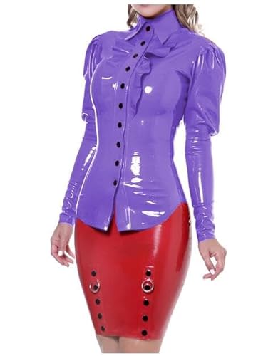 パープル PVC 光沢仕様 リバーシブルボタン レース付き エレガントレディースシャツ フィットカット ロングスリーブトップス 上着のみ