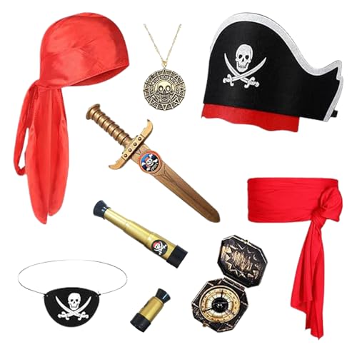 Genérico Accesorios de disfraz de pirata, disfraz de pirata para niño, conjunto de sombrero de bandana con diseño de calavera para fiesta de Halloween Carnival Cosplay Cumpleaños
