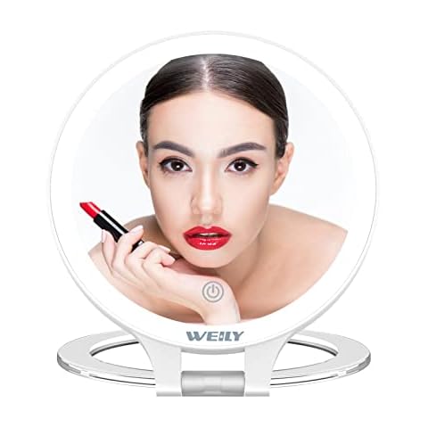 WEILY Magnifying Makeup Mirror 10X/1X, Double Sided Tabletop Mirror with 3 Color Lights, Rechargeable LED Cosmetic Mirror for Makeup,Tweezing, Blackhead and Comedone Removal (White) Cover