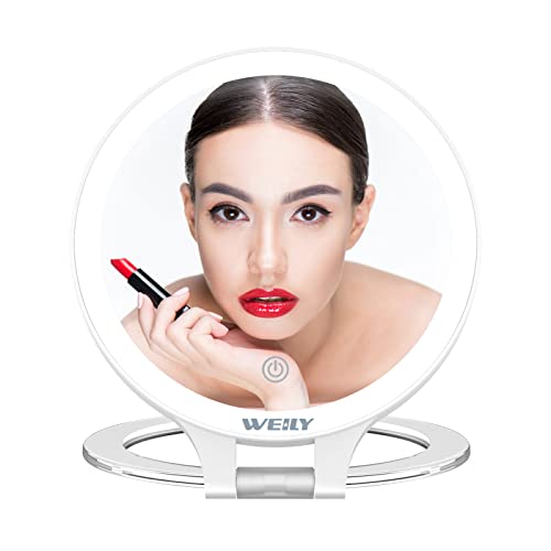 WEILY Magnifying Mirror with Lights 10X/1X, Double Sided Travel Mirror with 3 Color Adjustable Lights, Rechargeable LED Makeup Mirror for Make up, Blackhead and Comedone Removal (White)