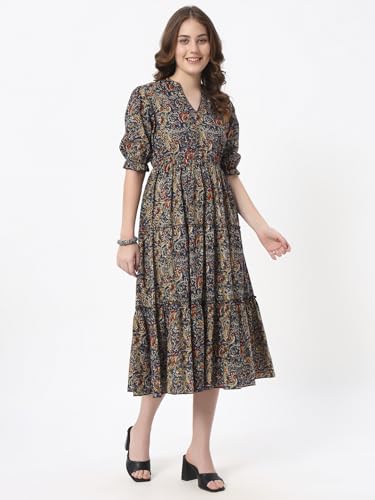 Image of PIDAVLIYA'S Women's Floral Summer Maxi Dress I Cotton Printed I One Piece Bodycon Midi Dress with V-Neck, Puffed Sleeves