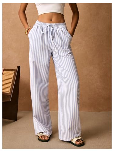 Floerns Women's Striped Straight Leg Pants Drawstring Elastic Waist Lounge Pants2