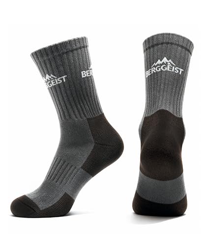 BERGGEIST®Merino Wandersocken I Made in Germany I OEKO-TEX® 80% Merinowolle, warme atmungsaktive Wollsocken Damen & Herren I Trekking Ski und Arbeits socks I Grau 42-44 Mehrfarbig, Outdoor, Camping