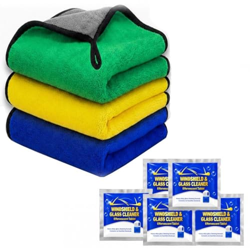 Image of 3 Pcs Microfiber Cleaning Cloth + 10 Pc Car Wash Powder Tabs, Heavy Duty Car Cloth Microfiber for Washing Drying Polishing, Reusable Dusting Cloth and Car Cleaning Cloth for Home Garage and Bike Use