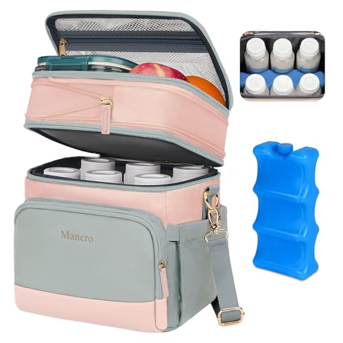 Mancro Expandable Breastmilk Cooler Bag Fits 6 Bottles Up to 9 Oz, Double Layer Breast Milk Travel Bag with Ice Pack, Wearable Breast Pump Bag with Stroller Straps for Nursing Moms, Pink and Grey