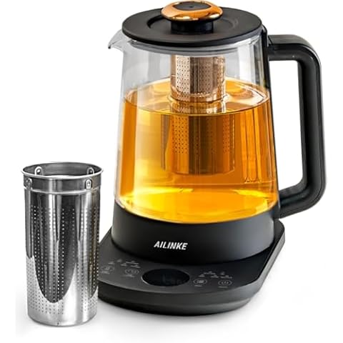 AILINKE Electric Tea Kettle, Tea Pot with Removable Infuser for Loose Leaf Tea, Tea Maker with Time &Temperature Control, Glass Health Pot, 10 Menus Tea/Coffee/Milk/Yogurt, 1.5L, Black Cover