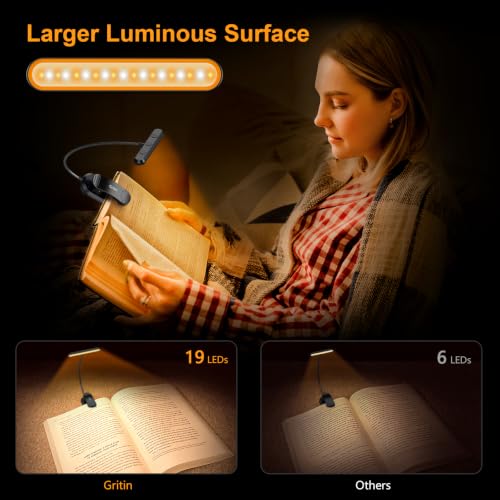 Miniatura 4 de Gritin 19 Led Luz De Lectura, 360 Flexible Ajustable Lámpara De Lectura Recargable, 3 Colores De Luz 5 Brillos, Protección Ocular Lampara Libro Con Modo Memoria, Largas Horas Para Lectores Noche